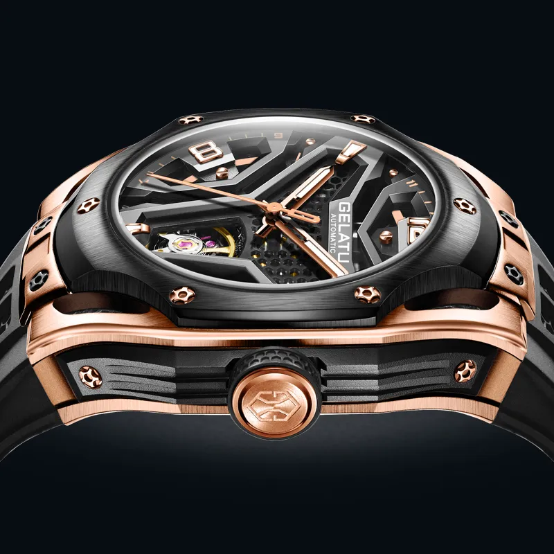 GELATU Automatic Mechanical Movement Silicone Strap Watch Men's Watches Black Dial-3