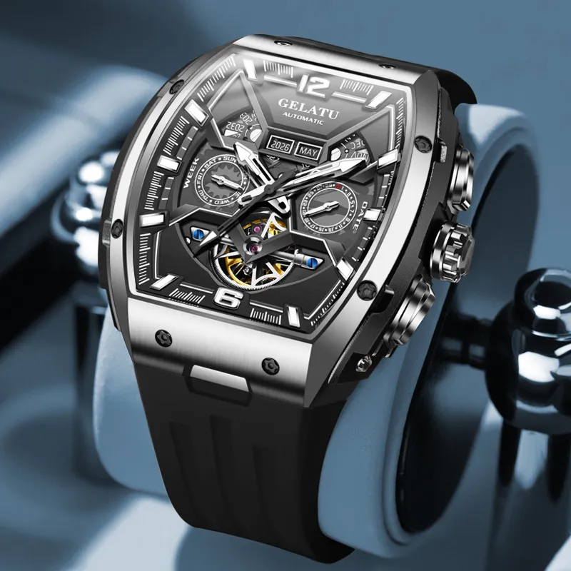 GELATU Automatic Mechanical Movement Silicone Strap Watch Men's Watches Black Dial-4