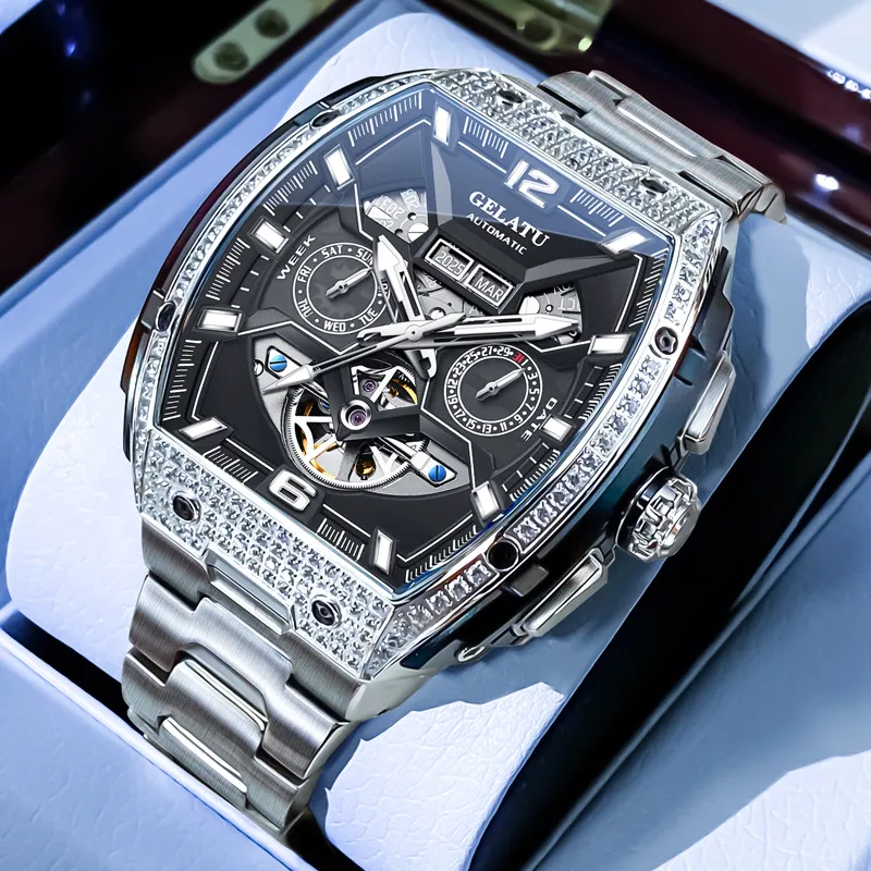 GELATU Mechanical Movement Stainless Steel Watchband Watch Men Black Dial-4