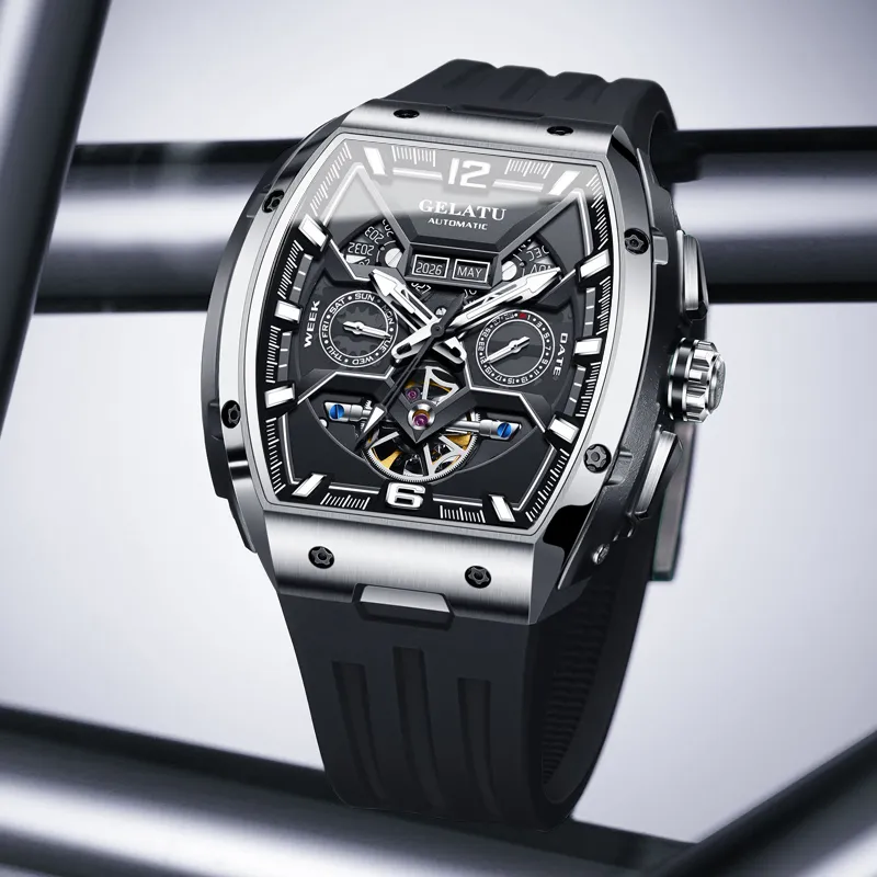GELATU Automatic Mechanical Movement Silicone Strap Watch Men's Watches Black Dial-2