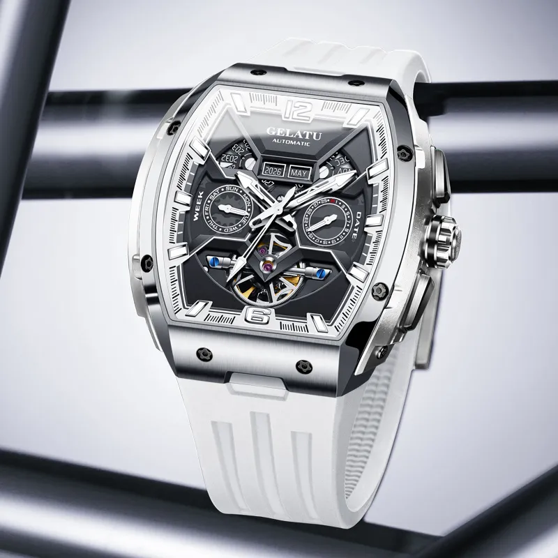GELATU Automatic Mechanical Movement Silicone Strap Watch Men's Watches Black Dial-14