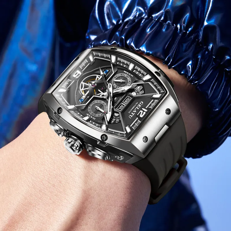 GELATU Automatic Mechanical Movement Silicone Strap Watch Men's Watches Black Dial-6