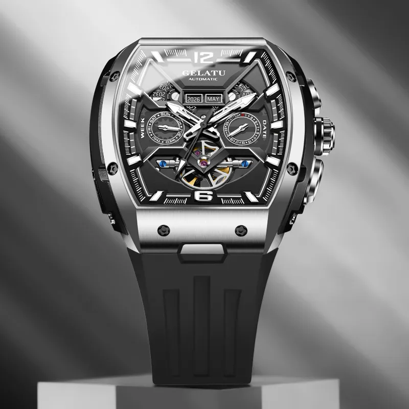 GELATU Automatic Mechanical Movement Silicone Strap Watch Men's Watches Black Dial-5