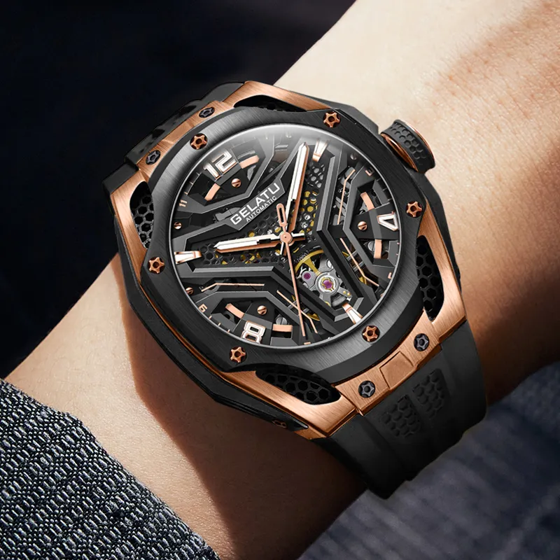 GELATU Automatic Mechanical Movement Silicone Strap Watch Men's Watches Black Dial-6