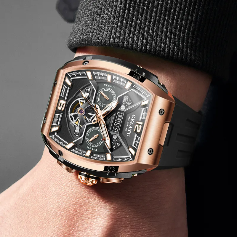 GELATU Automatic Mechanical Movement Silicone Strap Watch Men's Watches Black Dial-12