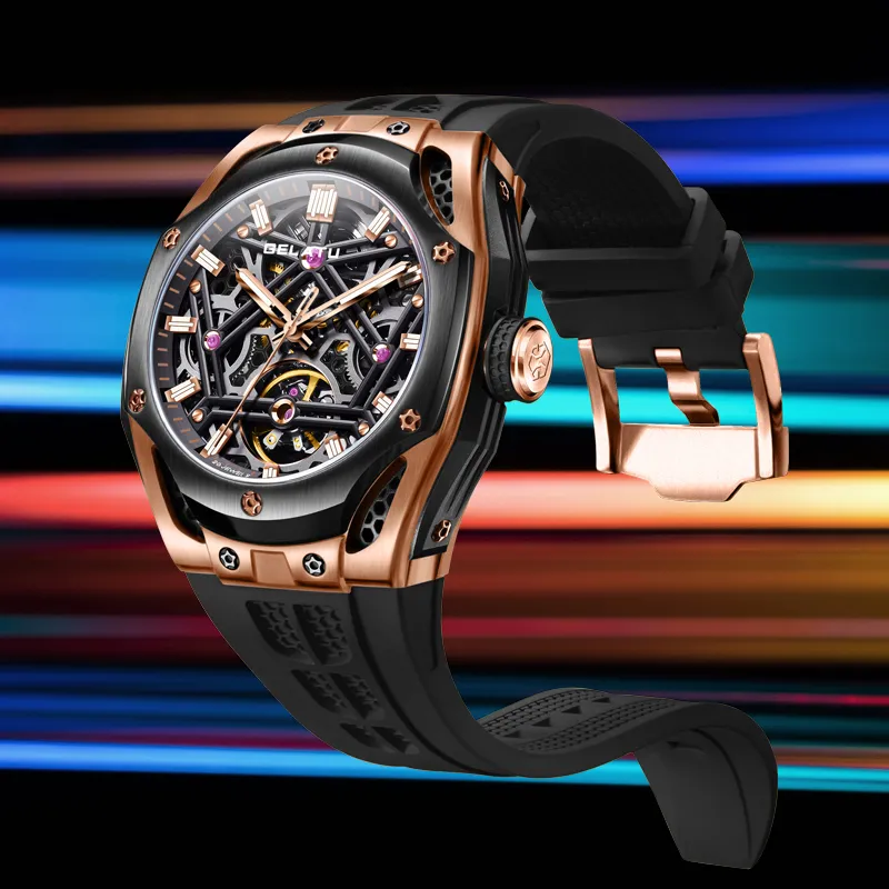 GELATU Automatic Mechanical Movement Silicone Strap Watch Men's Watches Black Dial-4