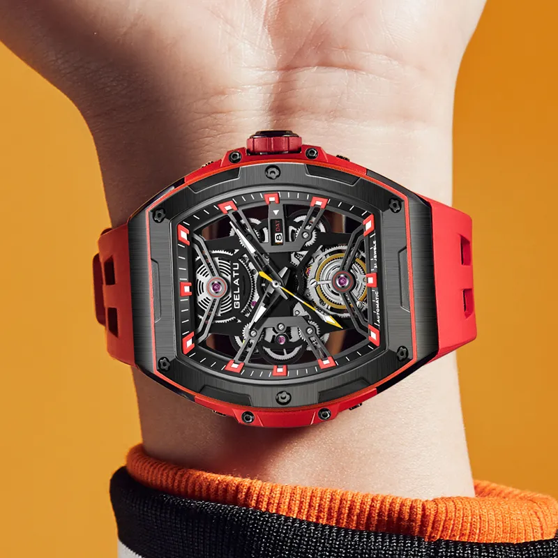 GELATU Automatic Mechanical Movement Silicone Strap Watch Unisex Red Watch Dial-4