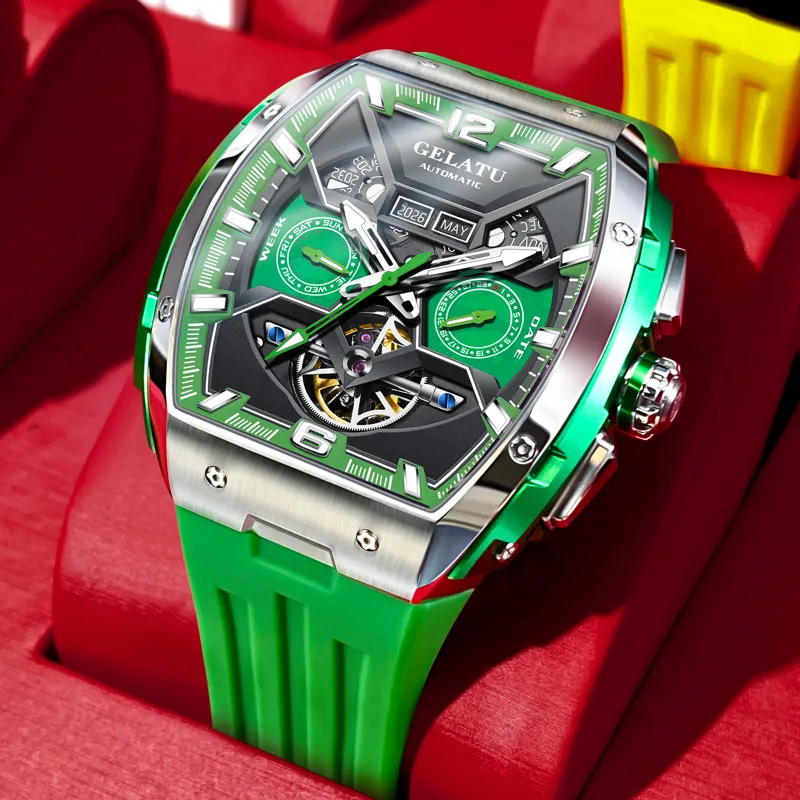 GELATU Automatic Mechanical Movement Silicone Strap Watch Men's Watches Black Dial-27