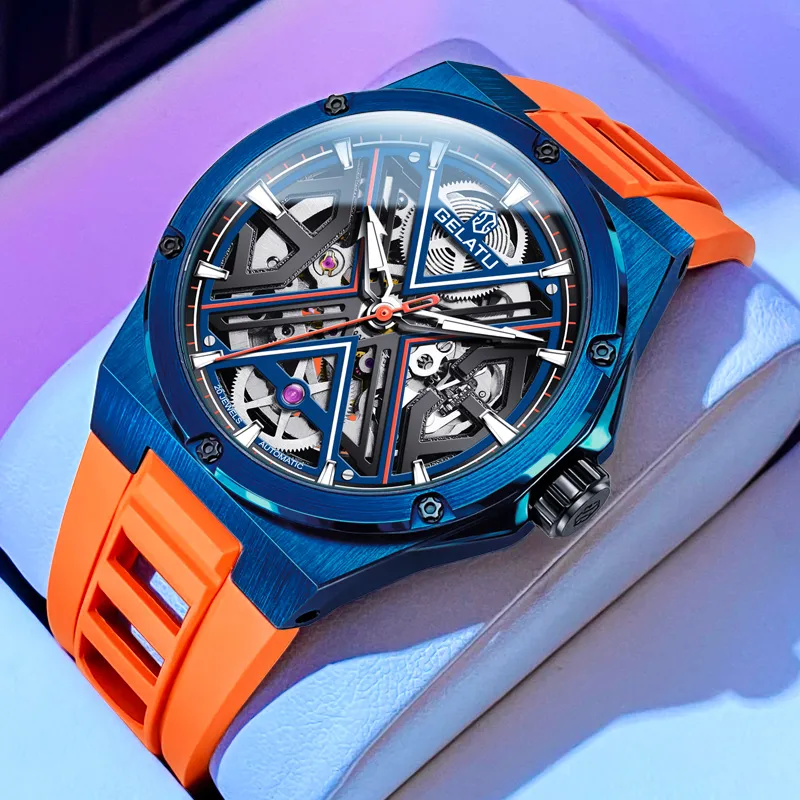 GELATU Automatic Mechanical Movement Silicone Strap Watch Men's Watches Black Dial-16