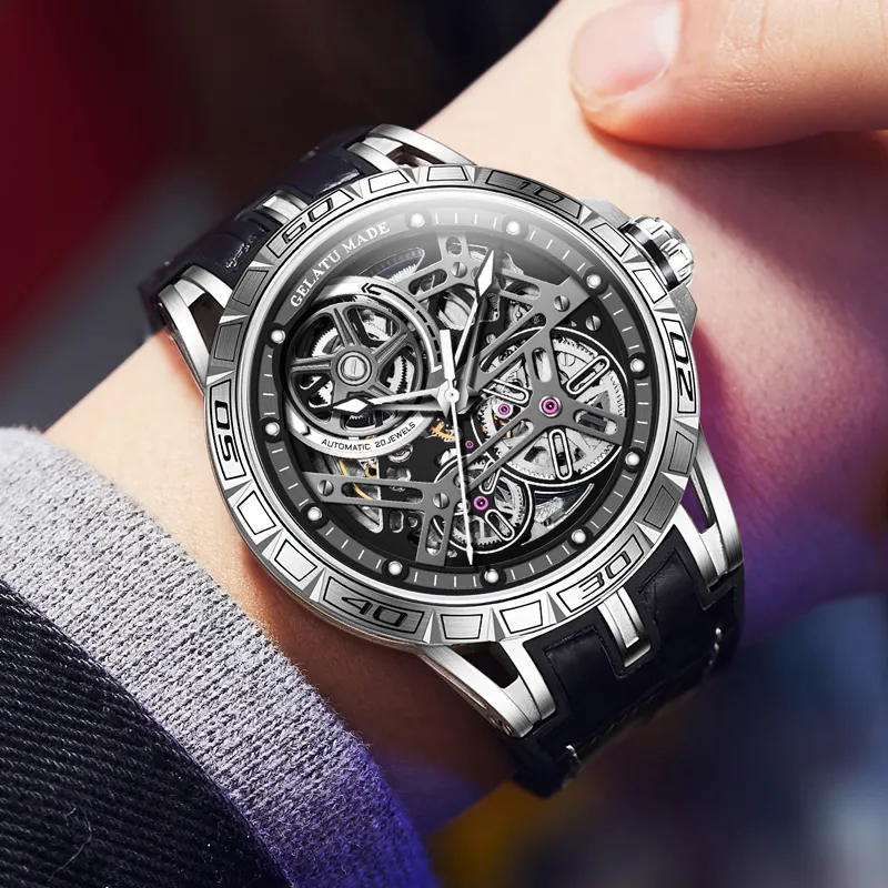 GELATU Automatic Mechanical Movement Genuine Leather Strap Watch Men's Watches Black Dial-2
