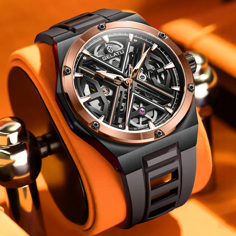 GELATU Automatic Mechanical Movement Silicone Strap Watch Men's Watches Black Dial-3
