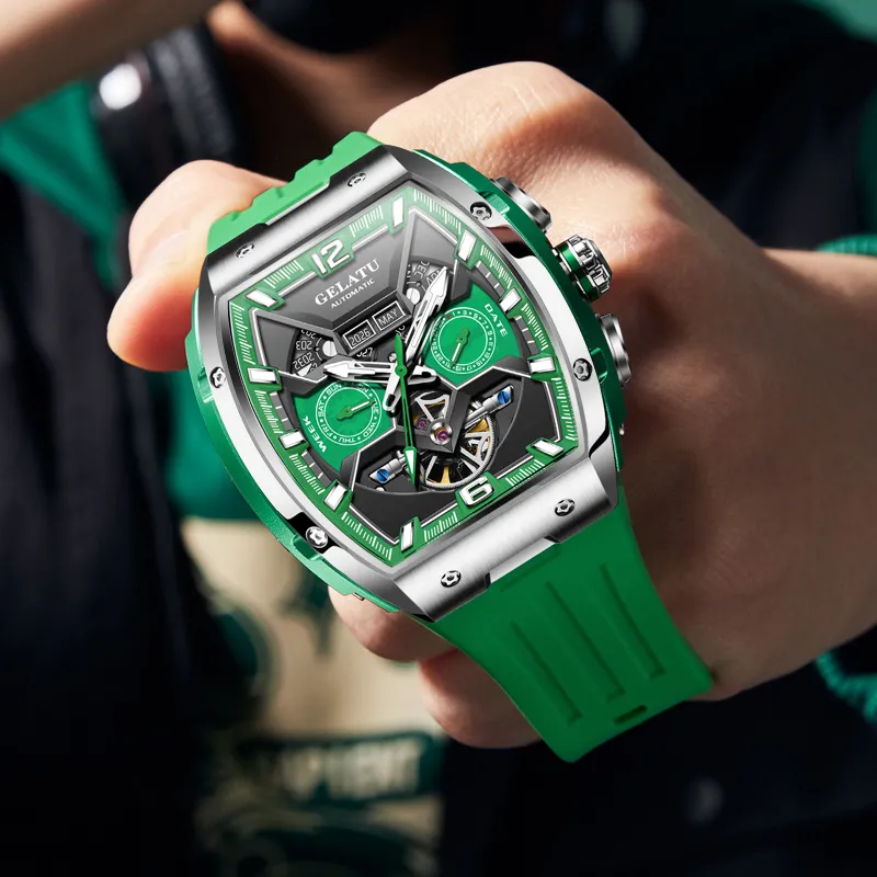 GELATU Automatic Mechanical Movement Silicone Strap Watch Men's Watches Black Dial-25