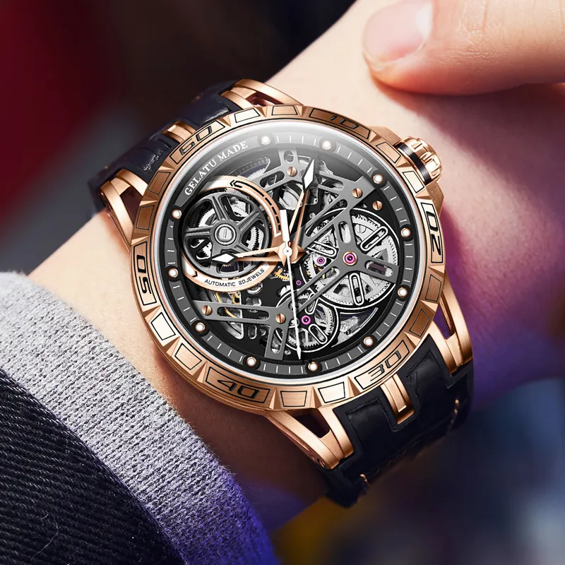GELATU Automatic Mechanical Movement Genuine Leather Strap Watch Men's Watches Black Dial-6