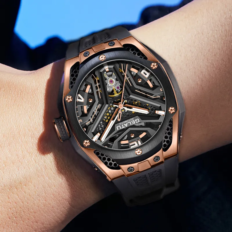 GELATU Automatic Mechanical Movement Silicone Strap Watch Men's Watches Black Dial-4