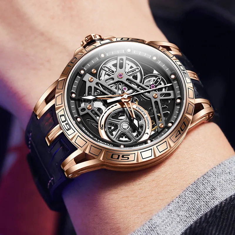 GELATU Automatic Mechanical Movement Genuine Leather Strap Watch Men's Watches Black Dial-5