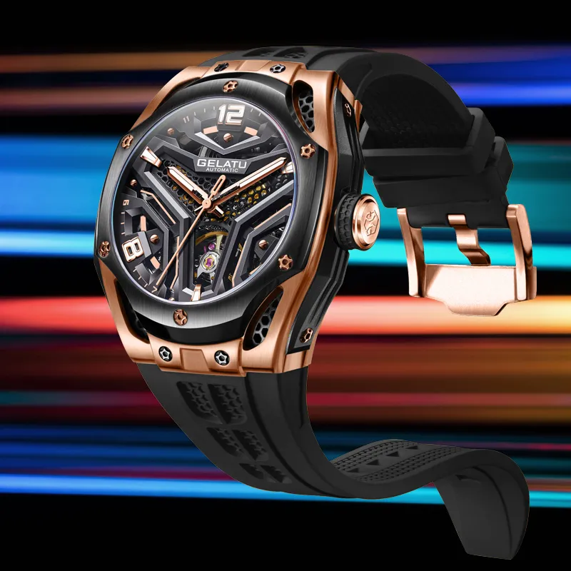 GELATU Automatic Mechanical Movement Silicone Strap Watch Men's Watches Black Dial-1