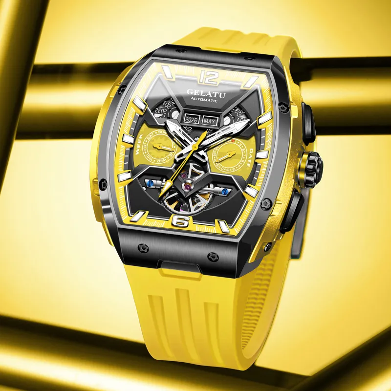GELATU Automatic Mechanical Movement Silicone Strap Watch Men's Watches Black Dial-20
