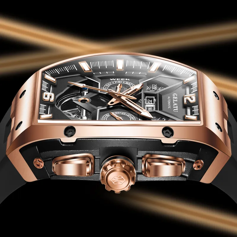 GELATU Automatic Mechanical Movement Silicone Strap Watch Men's Watches Black Dial-11