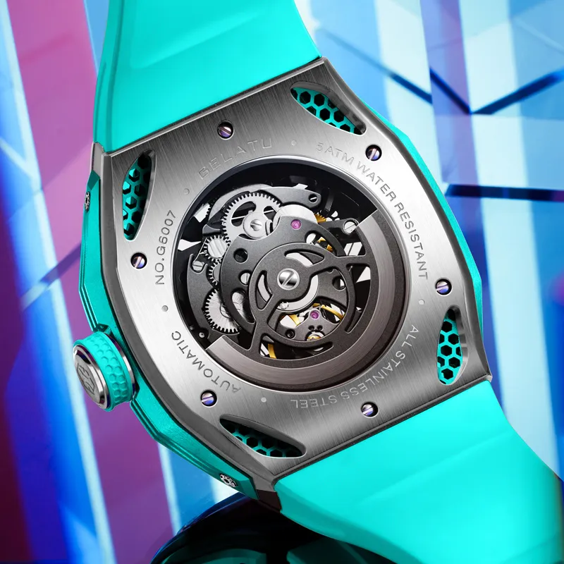 GELATU Automatic Mechanical Movement Silicone Strap Watch Men's Watches Black Dial-3