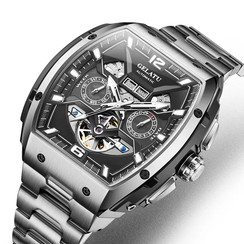 GELATU Mechanical Movement Stainless Steel Watchband Watch Men's Watches Black Dial-1