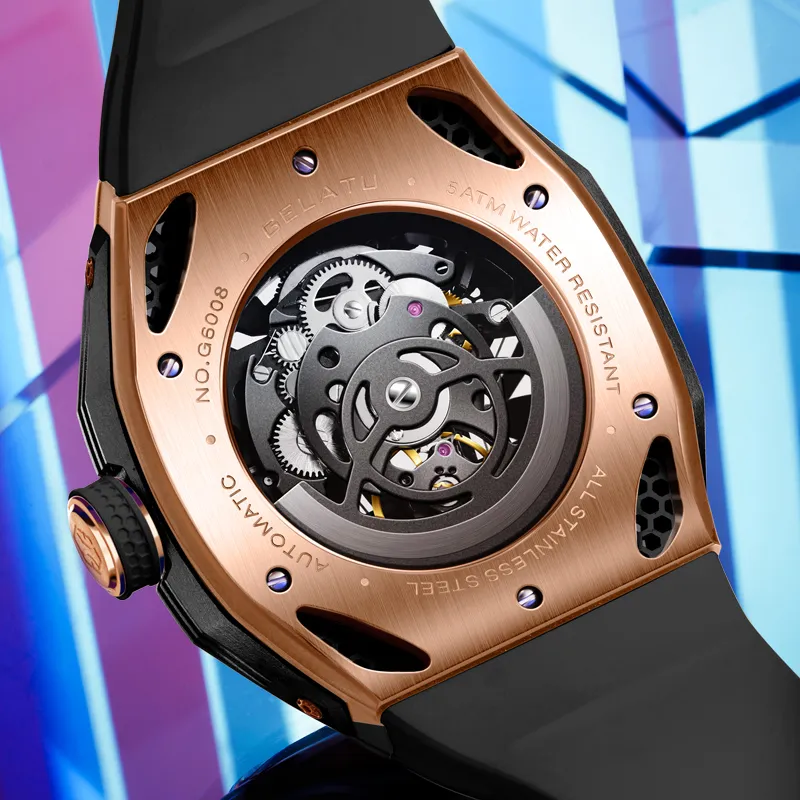 GELATU Automatic Mechanical Movement Silicone Strap Watch Men's Watches Black Dial-1
