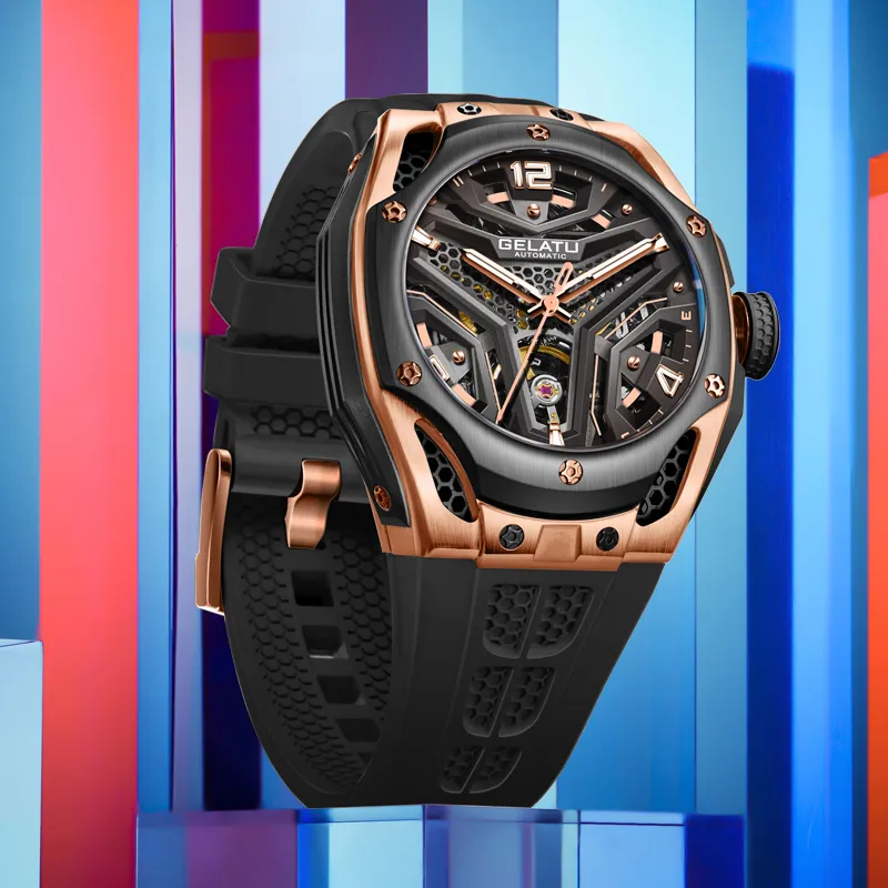GELATU Automatic Mechanical Movement Silicone Strap Watch Men's Watches Black Dial-5