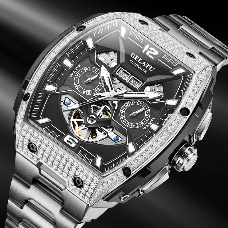 GELATU Mechanical Movement Stainless Steel Watchband Watch Men Black Dial-1