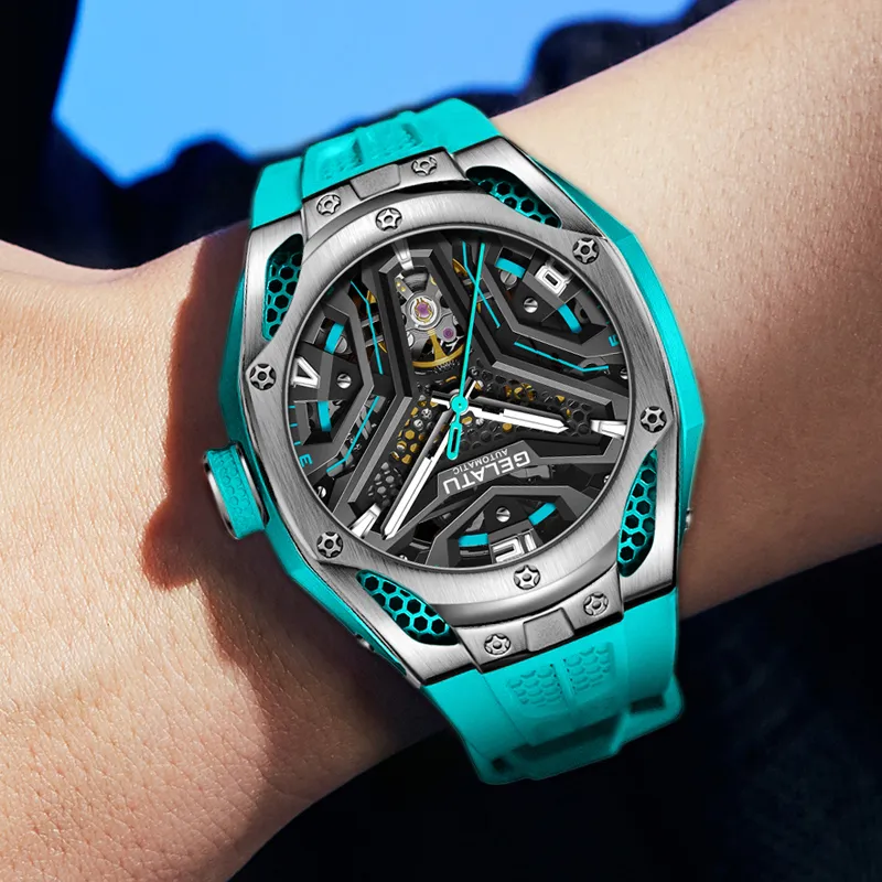 GELATU Automatic Mechanical Movement Silicone Strap Watch Men's Watches Black Dial-5