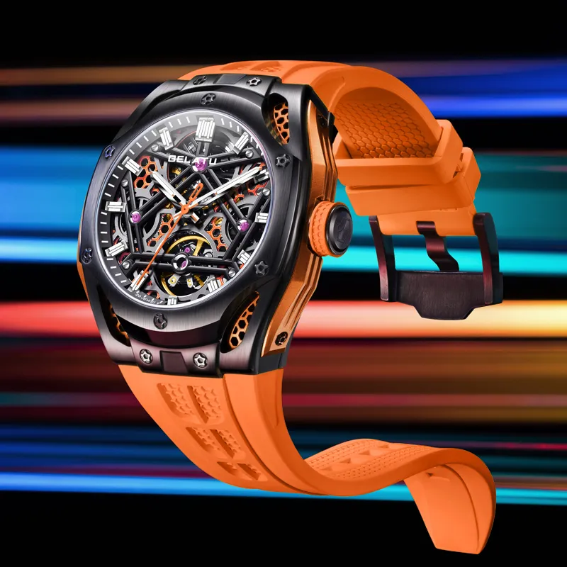 GELATU Automatic Mechanical Movement Silicone Strap Watch Men's Watches Black Dial-3