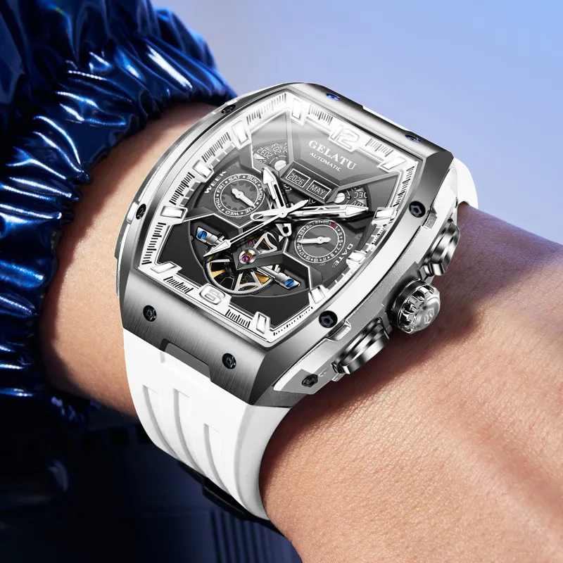 GELATU Automatic Mechanical Movement Silicone Strap Watch Men's Watches Black Dial-16