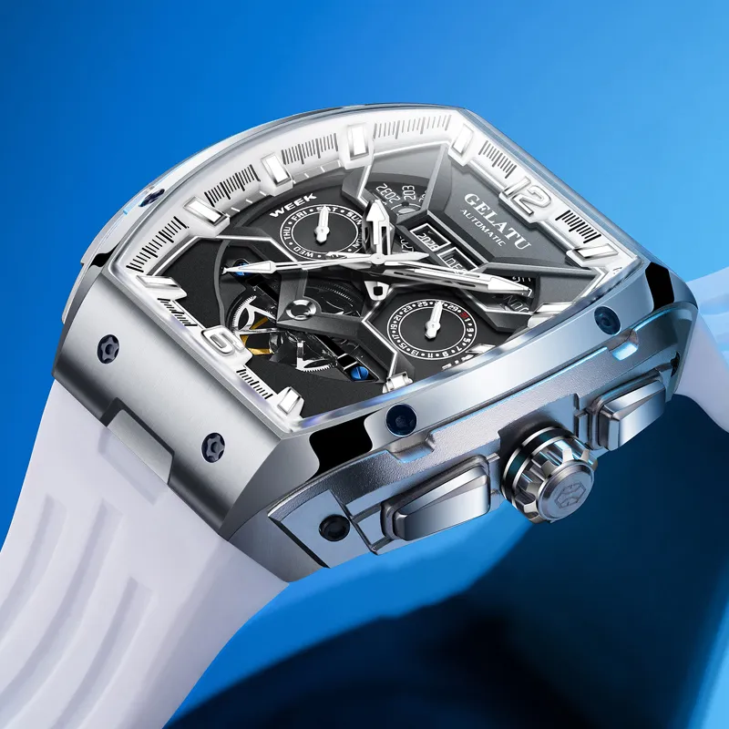 GELATU Automatic Mechanical Movement Silicone Strap Watch Men's Watches Black Dial-15