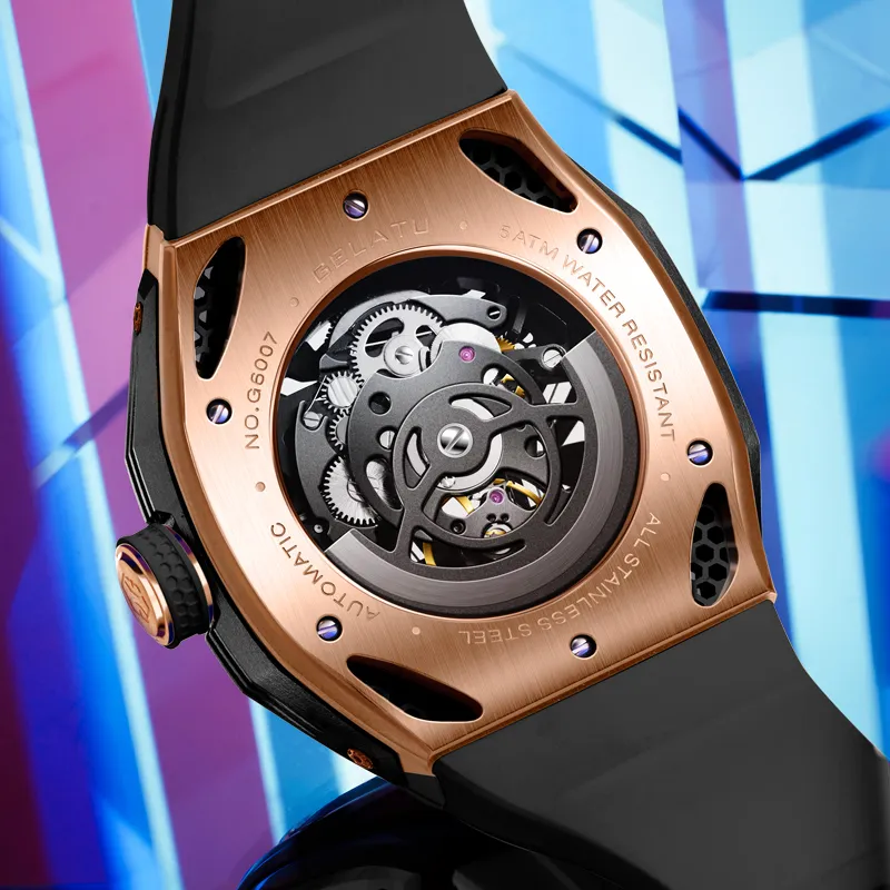 GELATU Automatic Mechanical Movement Silicone Strap Watch Men's Watches Black Dial-2