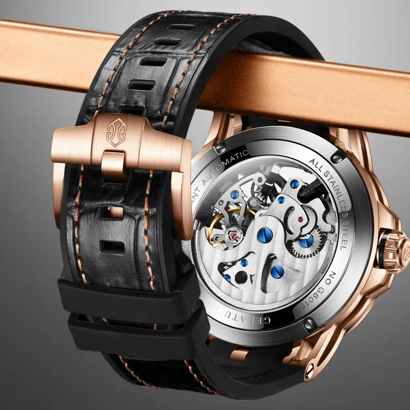GELATU Automatic Mechanical Movement Genuine Leather Strap Watch Men's Watches Black Dial-4