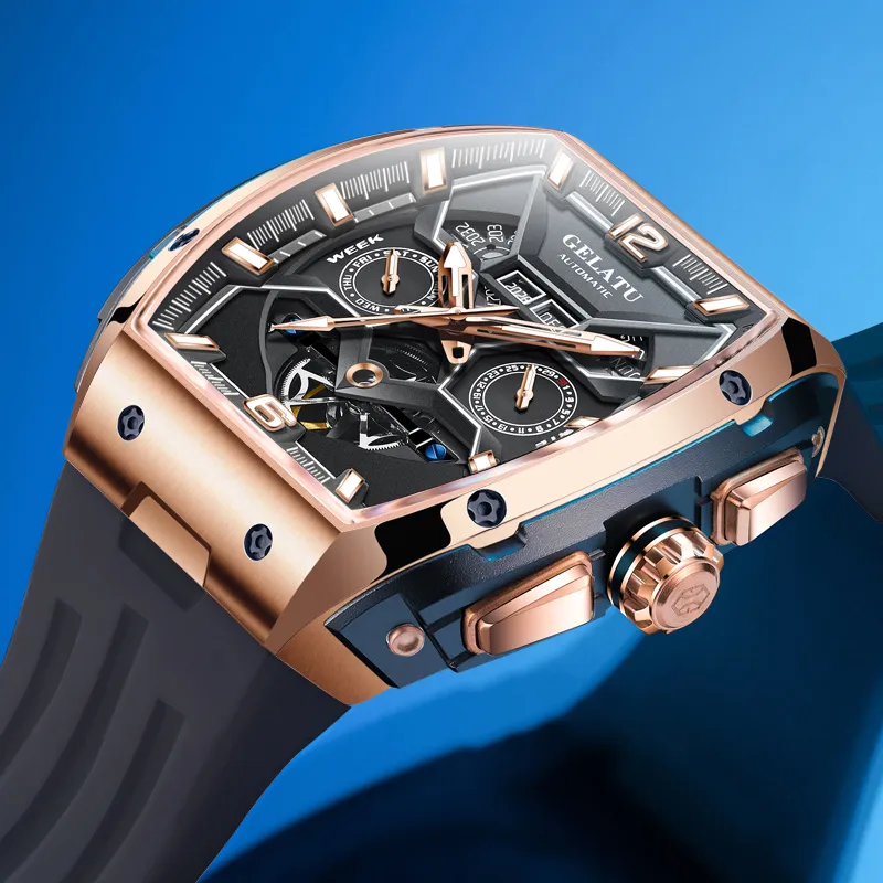 GELATU Automatic Mechanical Movement Silicone Strap Watch Men's Watches Black Dial-9