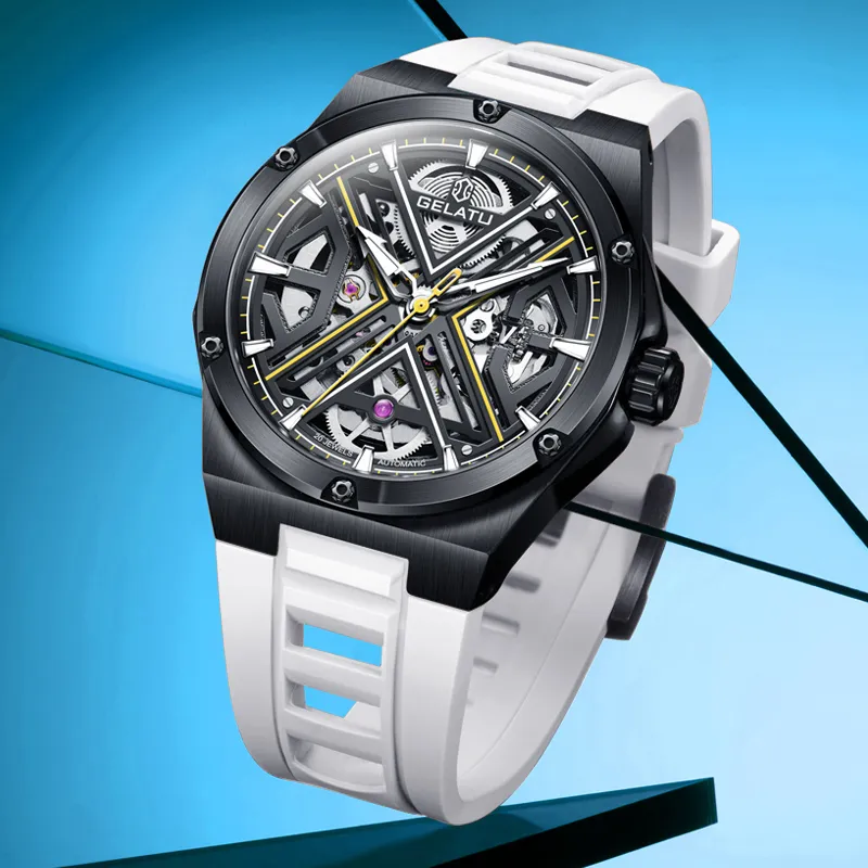 GELATU Automatic Mechanical Movement Silicone Strap Watch Men's Watches Black Dial-6