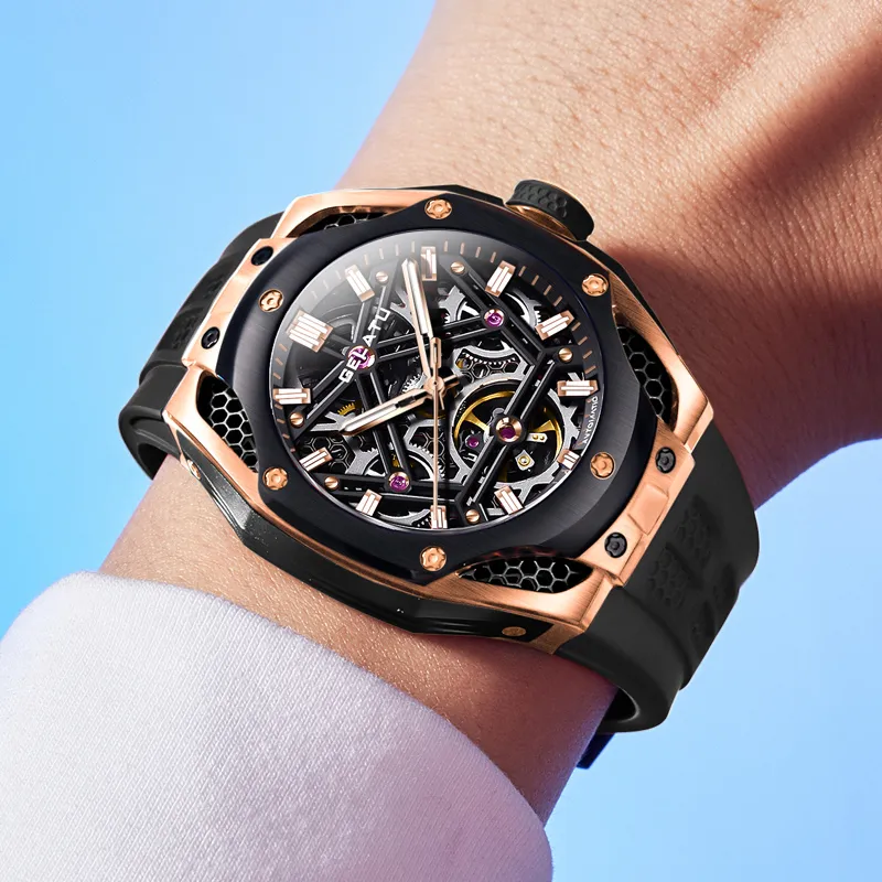 GELATU Automatic Mechanical Movement Silicone Strap Watch Men's Watches Black Dial-3
