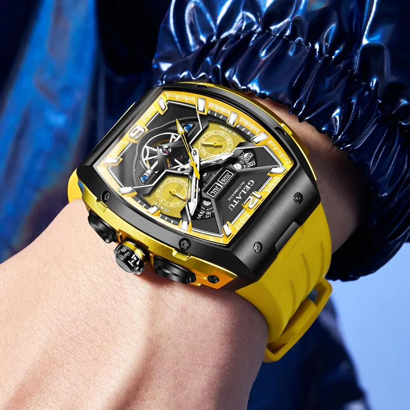 GELATU Automatic Mechanical Movement Silicone Strap Watch Men's Watches Black Dial-23