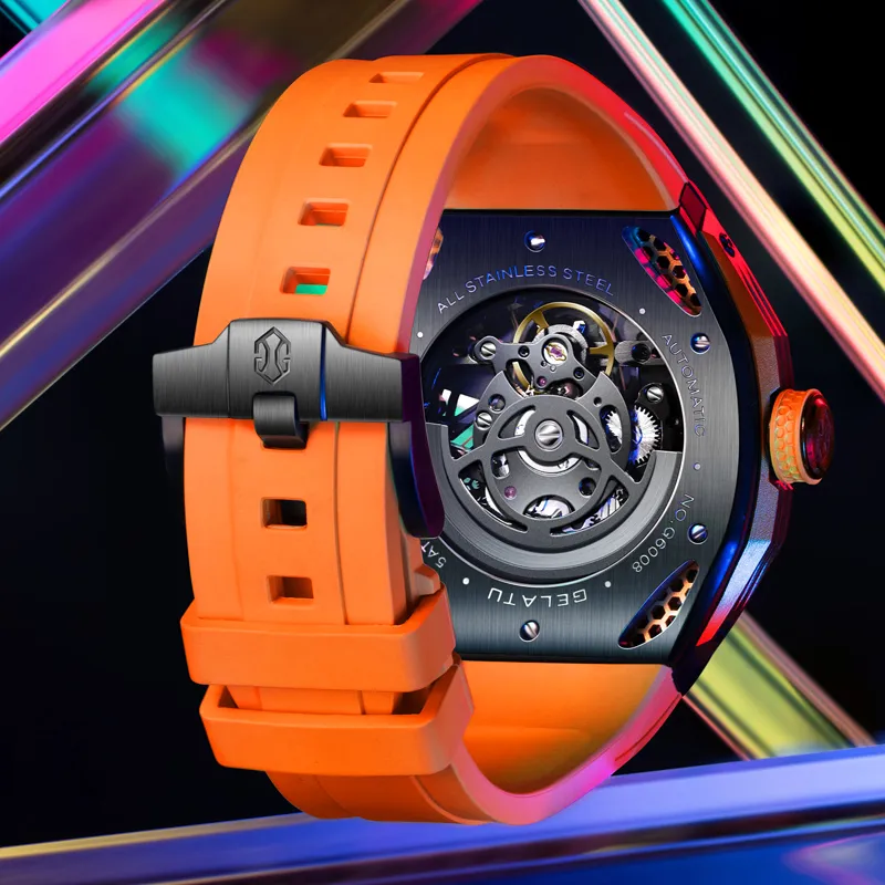 GELATU Automatic Mechanical Movement Silicone Strap Watch Men's Watches Black Dial-2