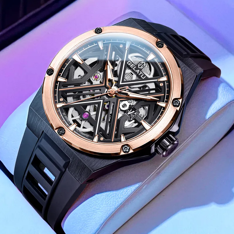 GELATU Automatic Mechanical Movement Silicone Strap Watch Men's Watches Black Dial-4