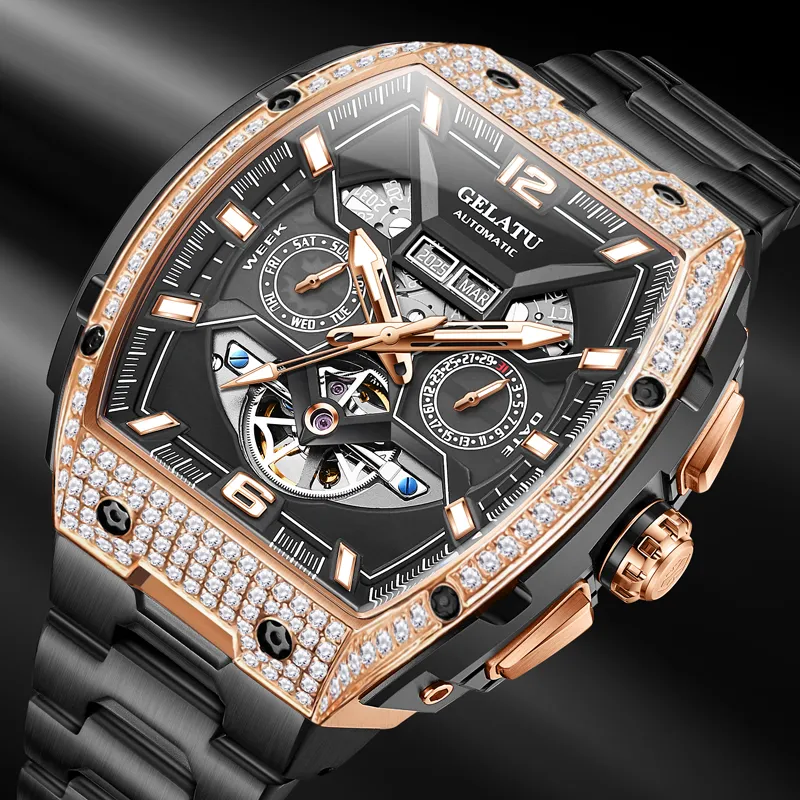 GELATU Mechanical Movement Stainless Steel Watchband Watch Men Black Dial-6