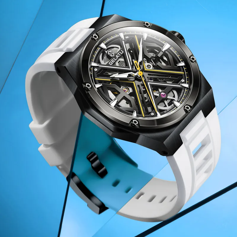 GELATU Automatic Mechanical Movement Silicone Strap Watch Men's Watches Black Dial-9