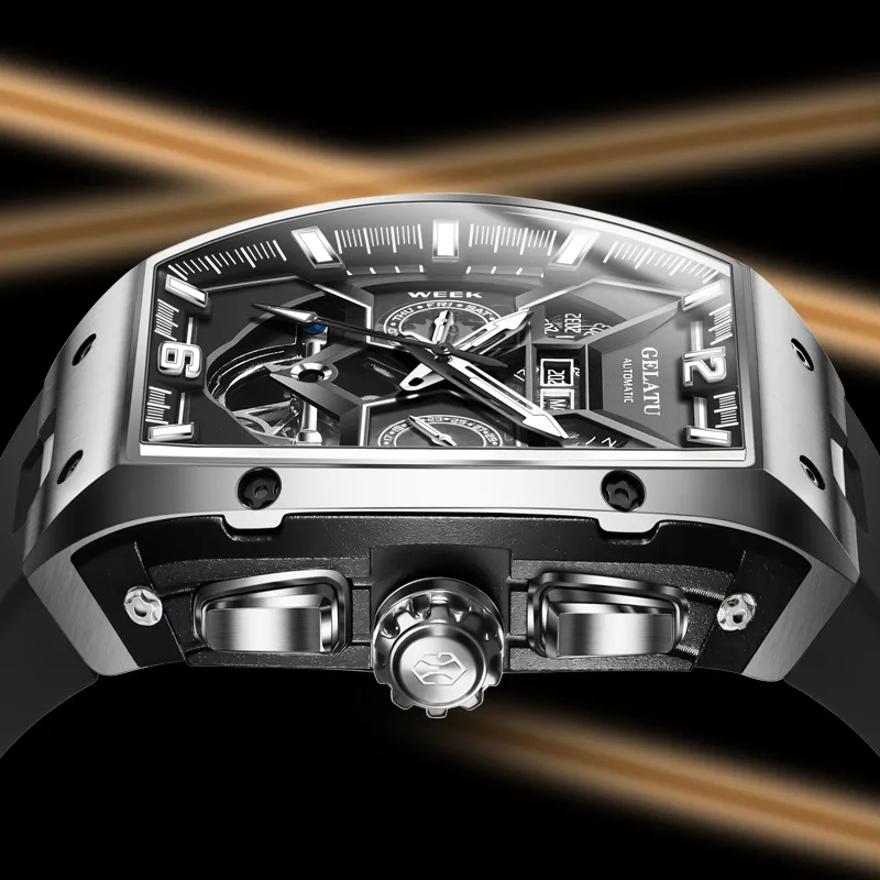 GELATU Automatic Mechanical Movement Silicone Strap Watch Men's Watches Black Dial-1