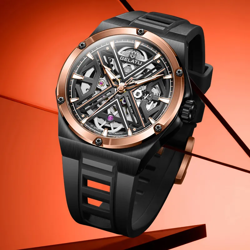 GELATU Automatic Mechanical Movement Silicone Strap Watch Men's Watches Black Dial-1