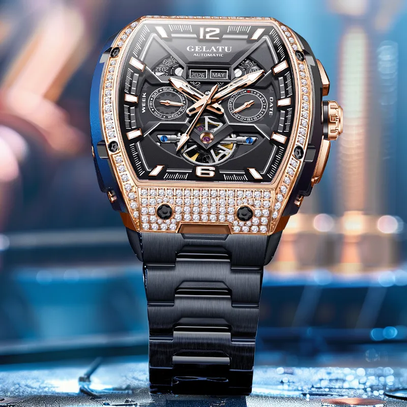 GELATU Mechanical Movement Stainless Steel Watchband Watch Men Black Dial-8