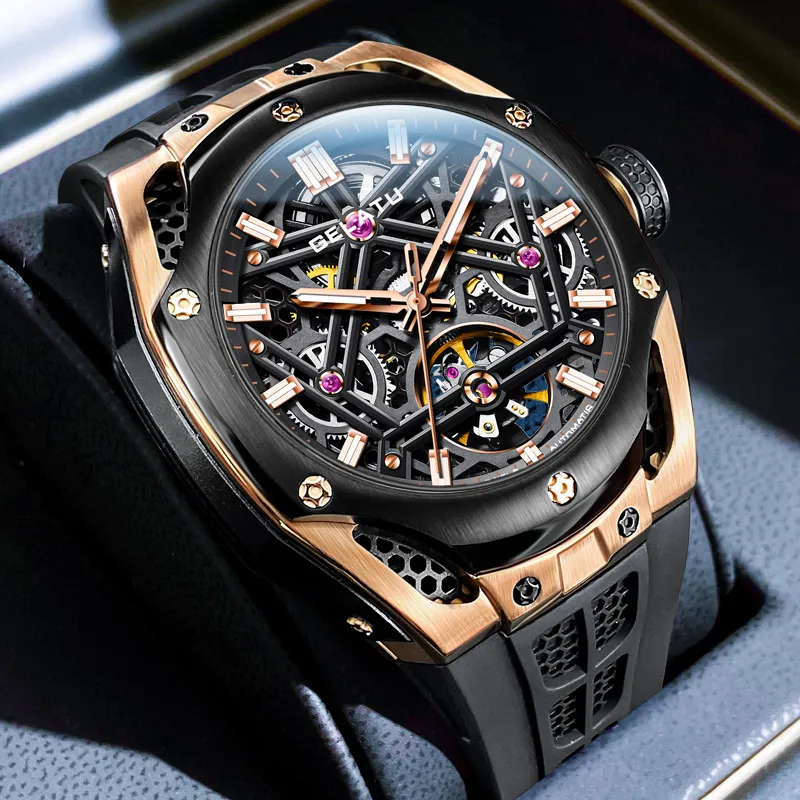 GELATU Automatic Mechanical Movement Silicone Strap Watch Men's Watches Black Dial-2