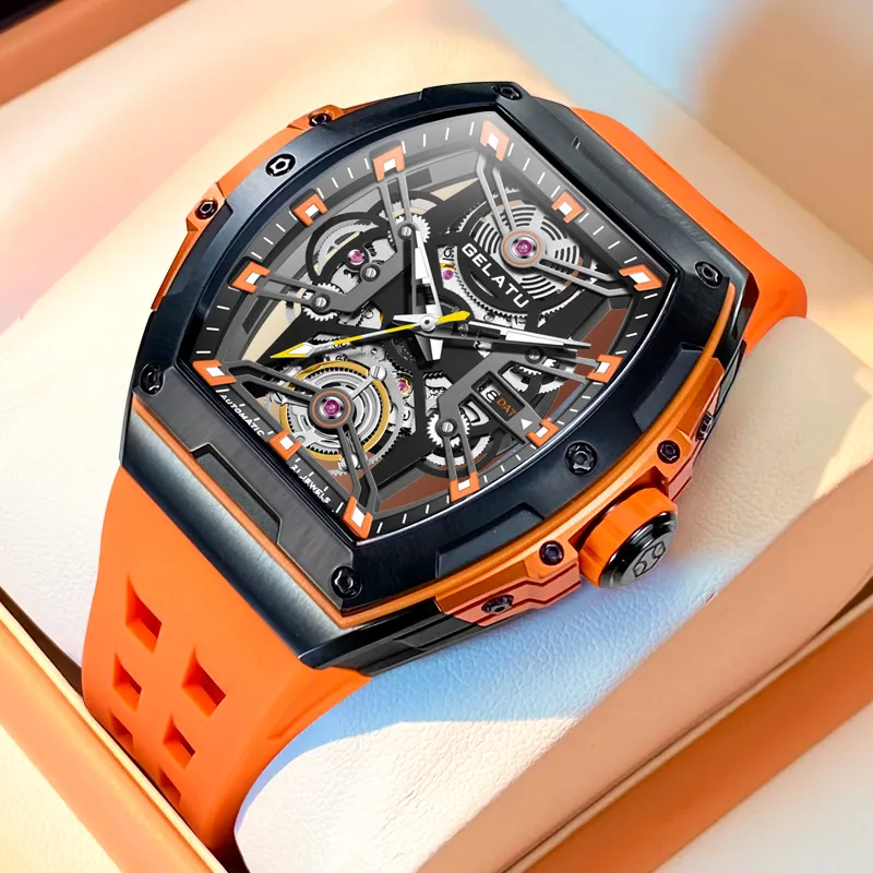 GELATU Automatic Mechanical Movement Silicone Strap Watch Unisex Red Watch Dial-1