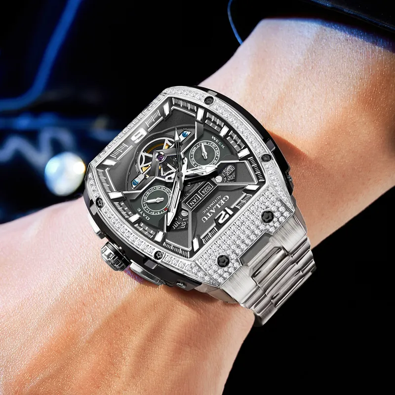 GELATU Mechanical Movement Stainless Steel Watchband Watch Men Black Dial-3