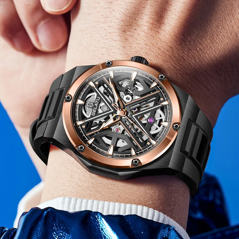 GELATU Automatic Mechanical Movement Silicone Strap Watch Men's Watches Black Dial-2