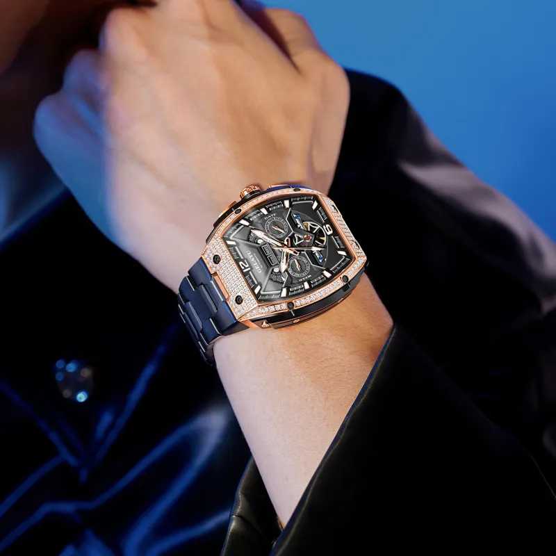 GELATU Mechanical Movement Stainless Steel Watchband Watch Men Black Dial-9