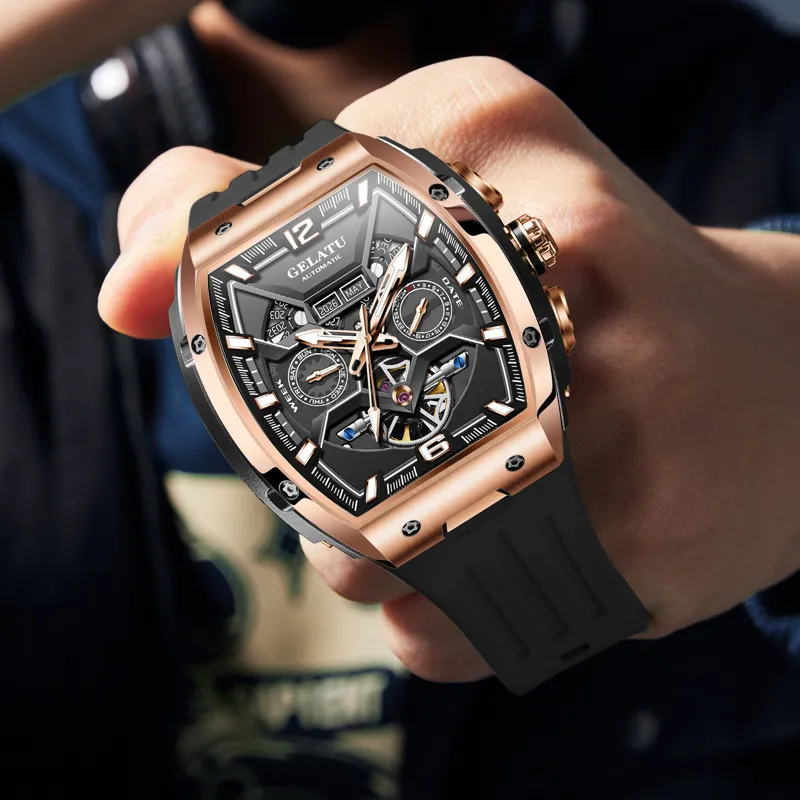 GELATU Automatic Mechanical Movement Silicone Strap Watch Men's Watches Black Dial-8